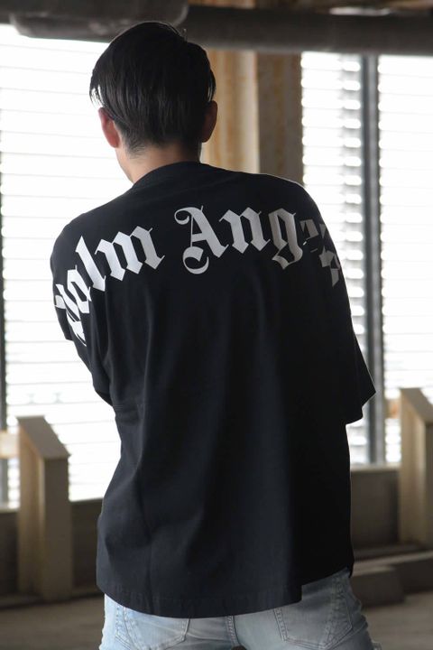 LOGO OVER TEE BLACK / プリント クルーネック ロングTシャツ ブラック