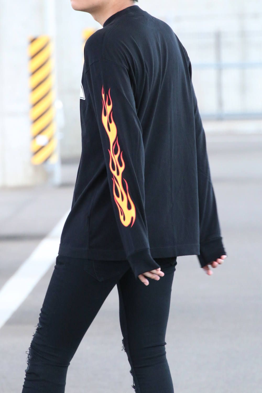 PALMS MS AND FLAMES TEE LS / モックネック 長袖 プリントTシャツ ブラック