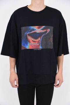 30/1シルケット天竺 print crew neck / ビッグシルエット カットソー ブラック