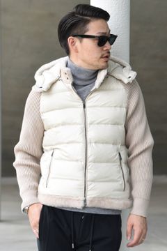 ALEXANDER (アレクサンダー) / ムートン / ナイロン ニットスリーブ フードダウンジャケット ベージュ