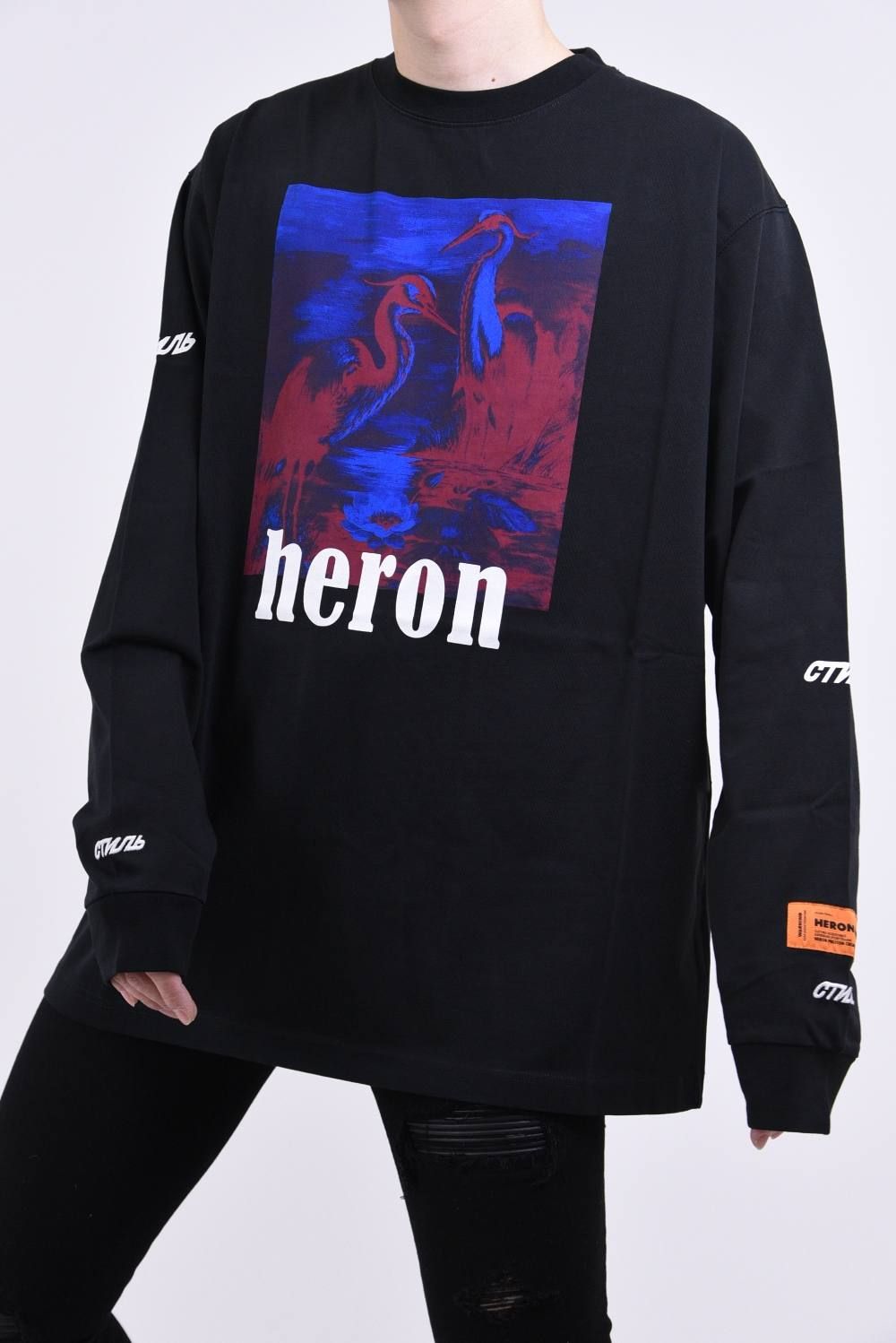 HERON PRESTON - T-SHIRT LS HERONS REDBLUE / ヘロン レッドブルー プリント ロングスリーブ Tシャツ  ブラック | gossip