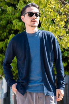 CARDIGAN / リネン ハイゲージ ボタンレス ニットカーディガン ネイビー