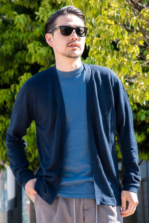 CARDIGAN / リネン ハイゲージ ボタンレス ニットカーディガン ネイビー