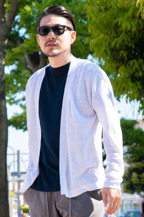 CARDIGAN / リネン ハイゲージ ボタンレス ニットカーディガン ホワイト
