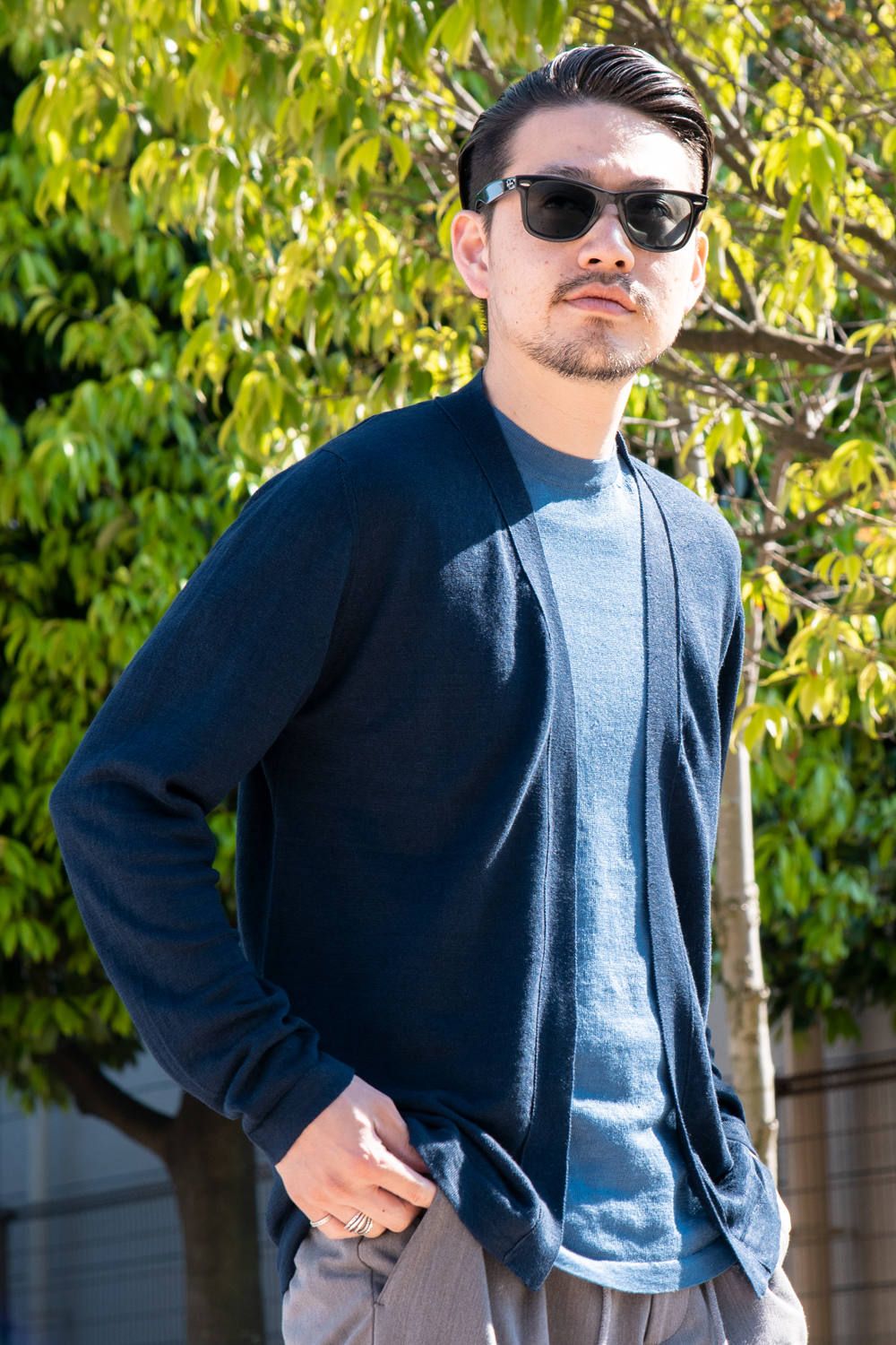 CARDIGAN / リネン ハイゲージ ボタンレス ニットカーディガン ネイビー