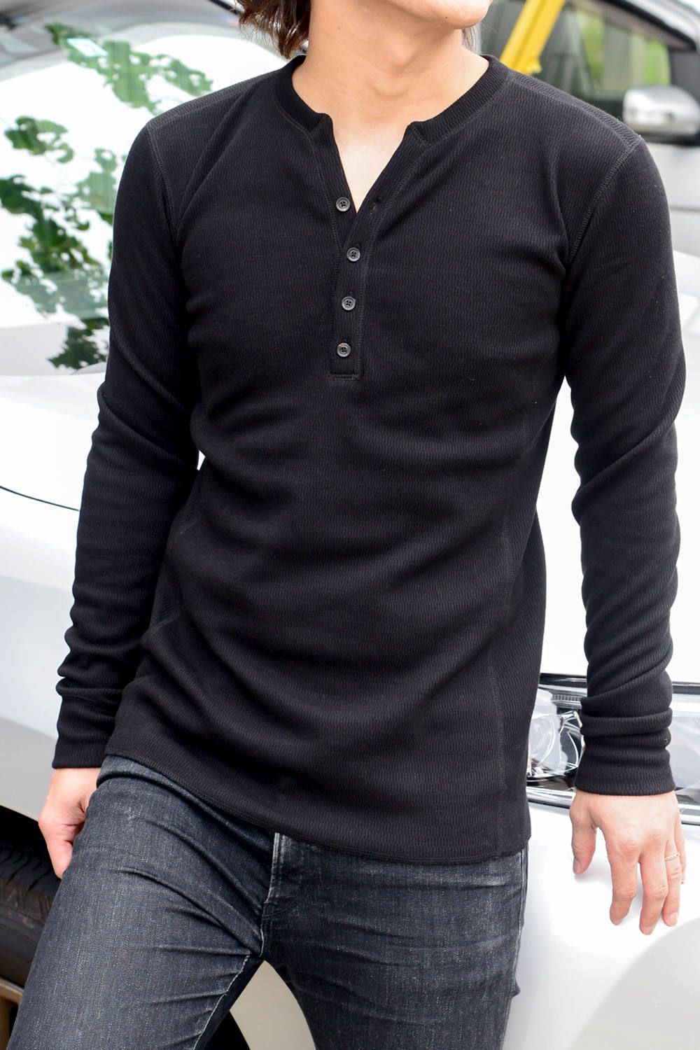 L/S HENRY / サーマル 裏起毛 ヘンリーネック カットソー ブラック - S