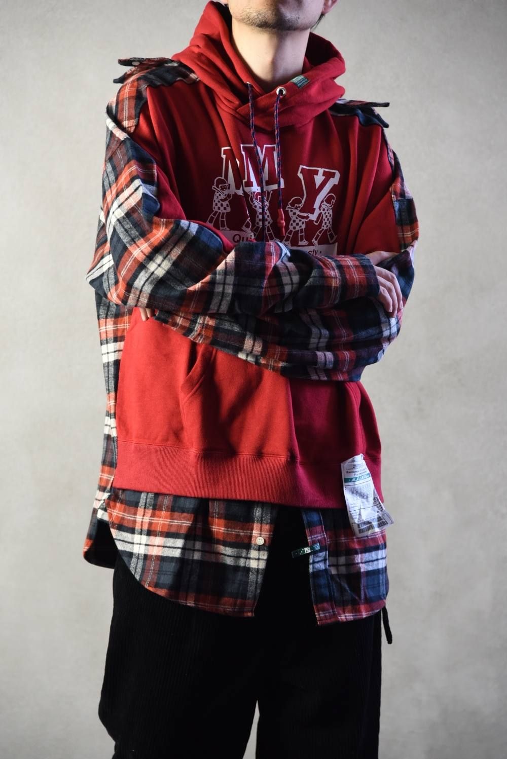 Maison Mihara Yasuhiro Shirt Docking Hoodie スウェット チェックシャツ ドッキング プルパーカー レッド Gossip Maison Mihara Yasuhiro Shirt Docking Hoodie スウェット チェックシャツ ドッキング プルパーカー レッド Gossip