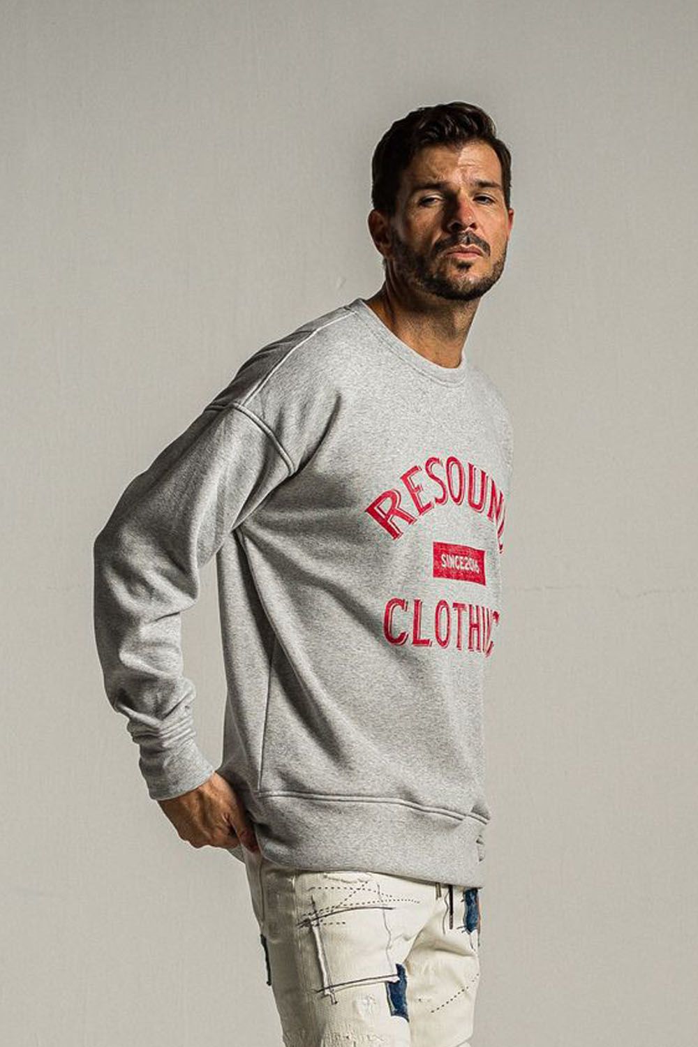 COLLEGE VELOURS FLEECE DORP TRAINER / カレッジロゴ 裏起毛 ルーズトレーナー グレーレッド