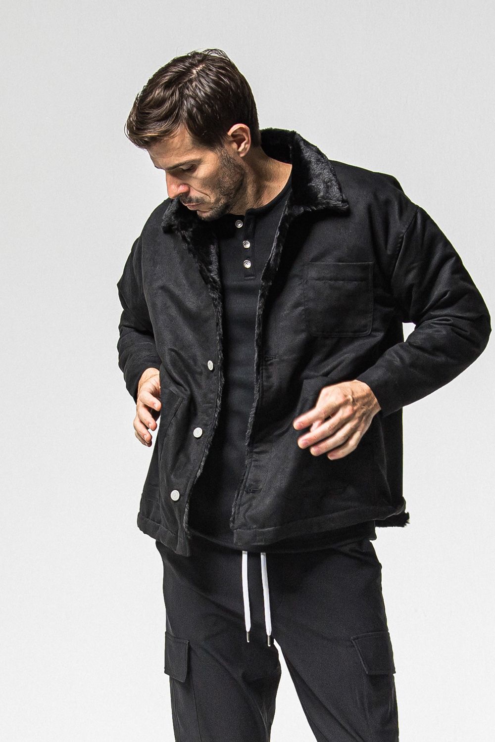 SUEDE FUR CAVER ALL /  エコ スウェード ファーカバーオールジャケット (ブラック) (11月中旬入荷予定) ※オーダー締切：9月1日(月)18:00
