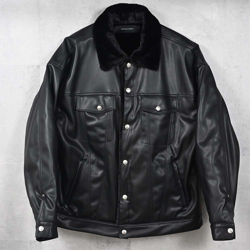 LEATHER FUR OVER G / エコレザー オーバーサイズ ムートンブルゾン風ジャケット (ブラック) (11月中旬入荷予定) ※オーダー締切:9月7日(月)1時