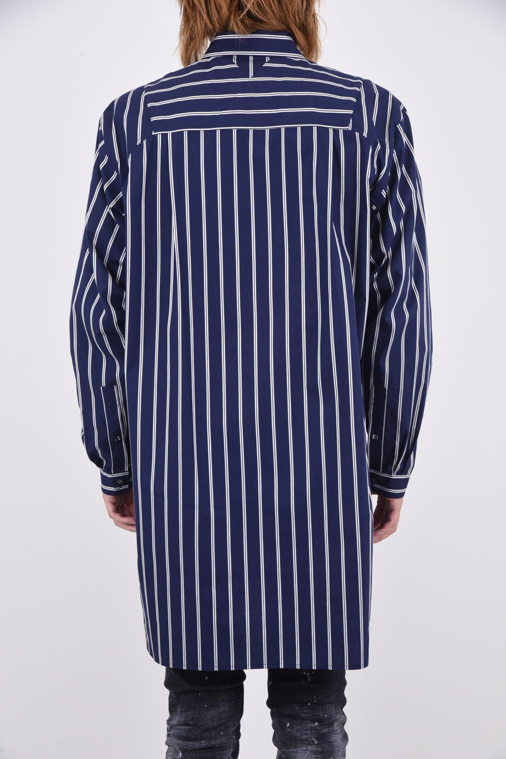 White Mountaineering - STRIPE LONG SHIRT / Aライン ストライプ ロングシャツ ネイビー | gossip