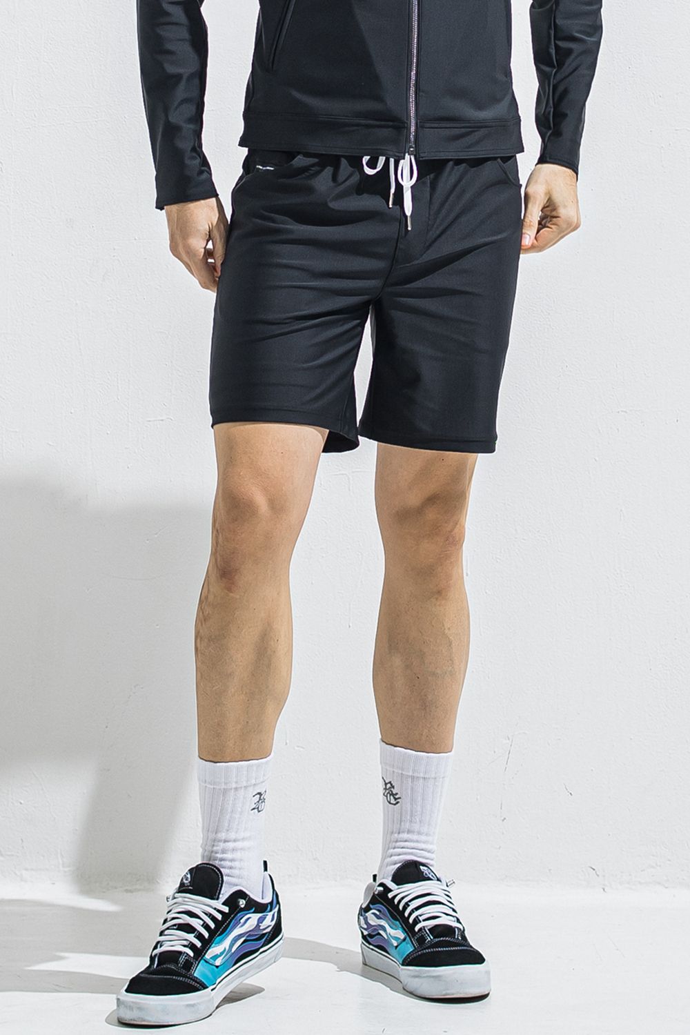 RUSH DENIM SHORTS / ラッシュガード デニムデザイン ショートパンツ (ブラック) (5月末入荷予定) ※オーダー締切:2月15日(日)18時