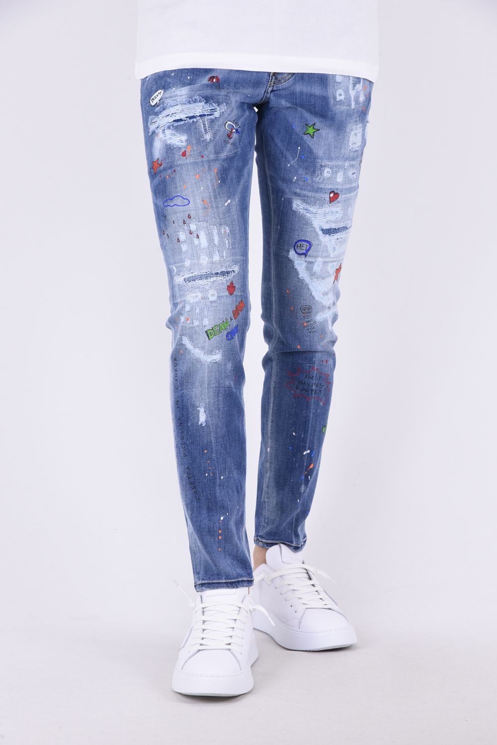 Dsquared2 - TRASH LIGHT WASH SKATER JEAN / クラッシュ\u0026リペア加工 プリント スケータージーンズ  ライトインディゴ | gossip