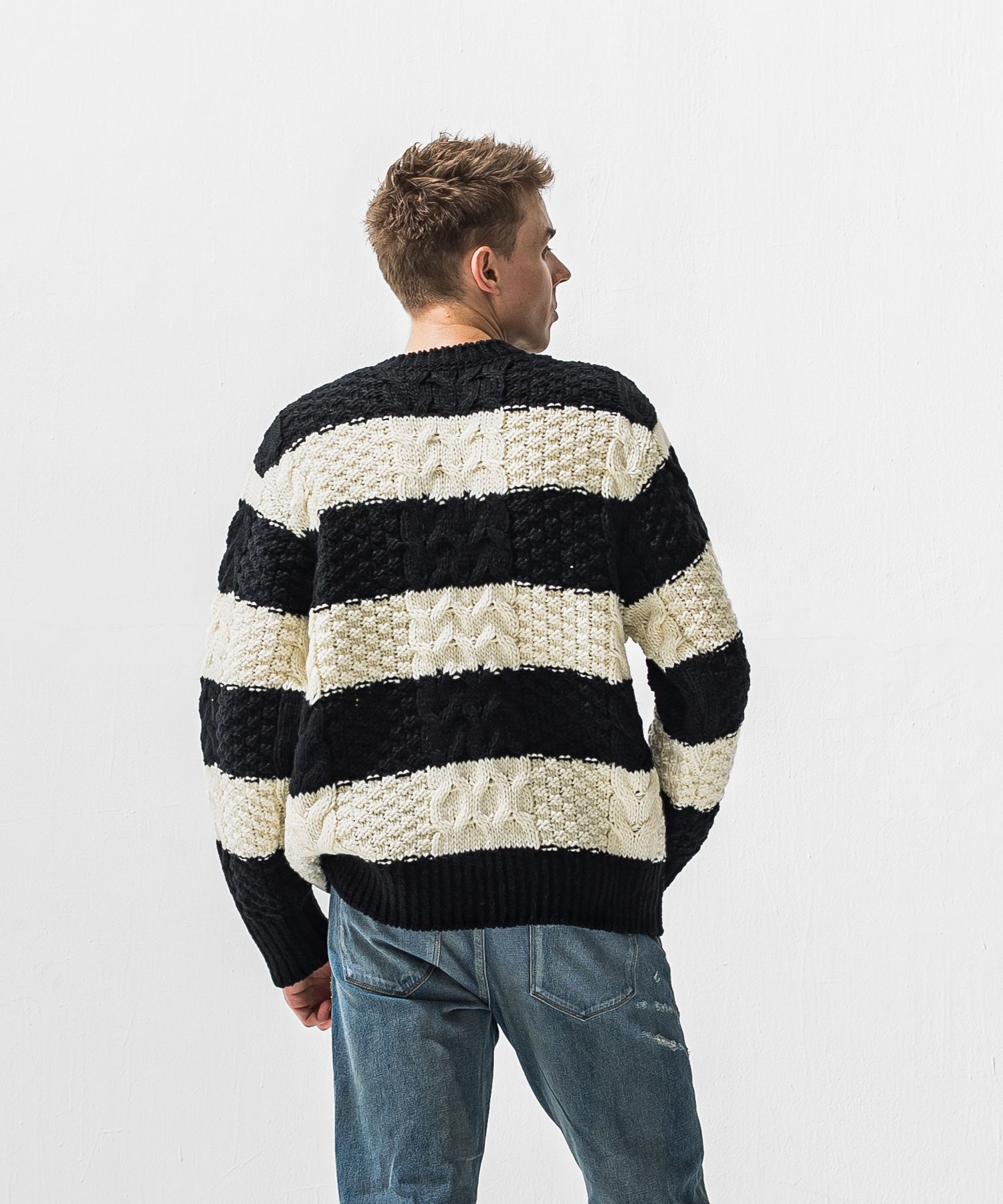 CABLE LAW SWEATER / ケーブル編み ローゲージセーター (ブラック/ホワイト) (10月下旬入荷予定) ※オーダー締切:9月7日(月)17時