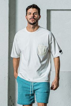 LEATHER POCKET OVER NYLON TEE / エコレザーポケット ルーズTシャツ ホワイト