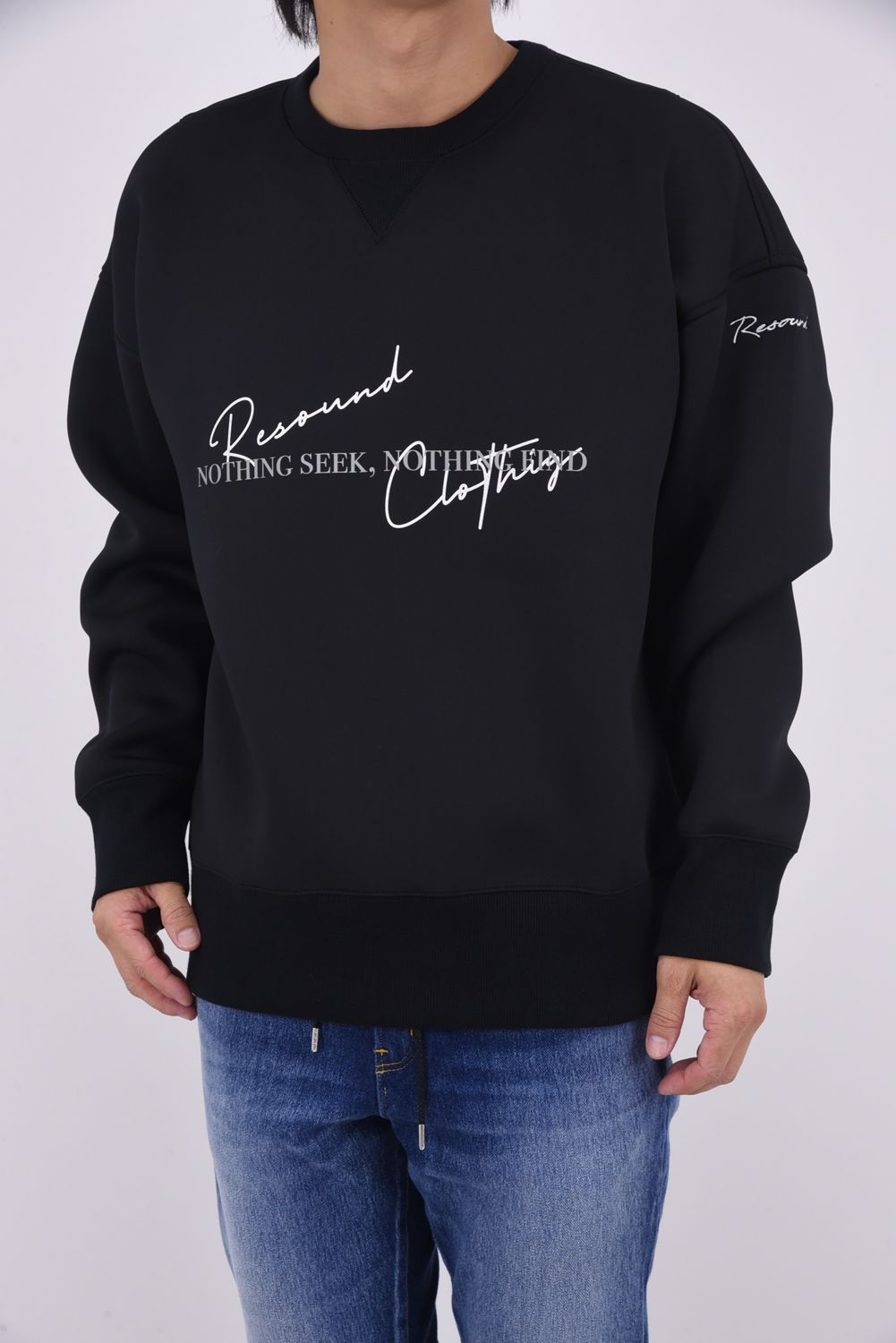HD NOTHING drop trainer / ダンボール素材 メッセージロゴプリント ルーズフィット トレーナー ブラック