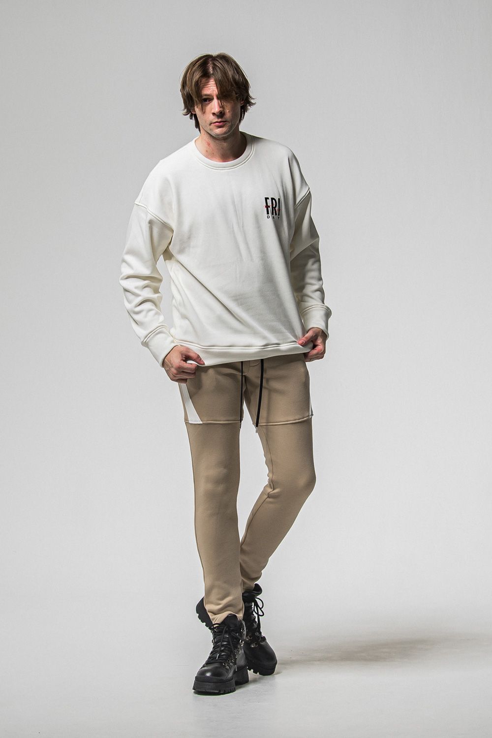 VELOURS FLEECE TYLER PANTS / ベロアフリースボア スキニータイト サイドライン イージーパンツ (ブラウン) (11月中旬入荷予定) ※オーダー締切：9月1日(月)18:00