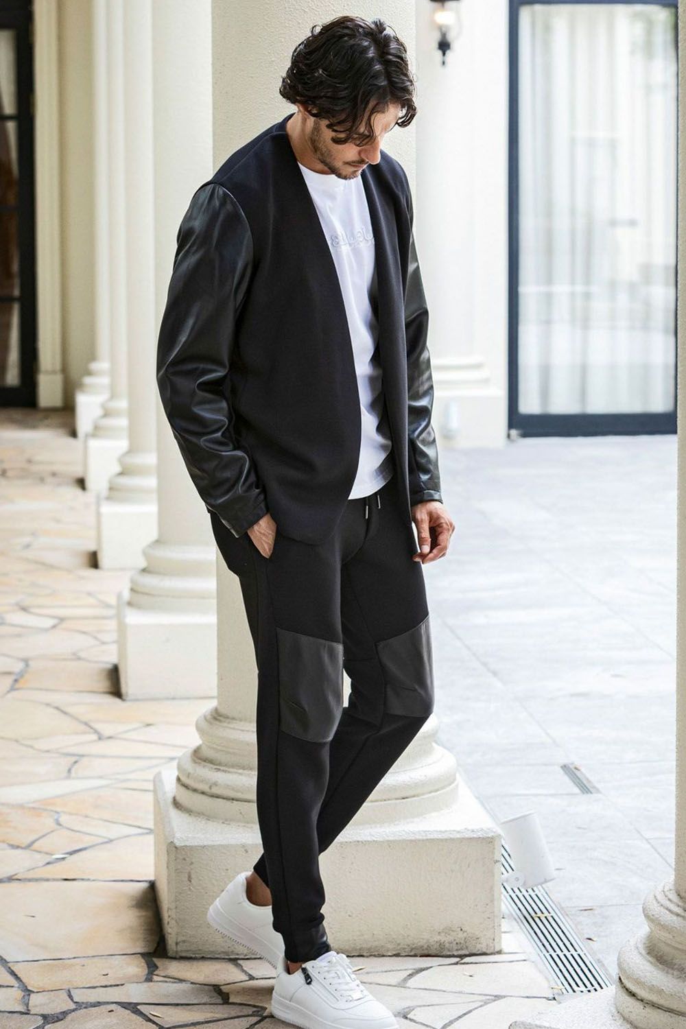 SLEEVE LEATHER COLLARLESS JACKET / レザースリーブ ノーカラー ジャケット (ブラック)