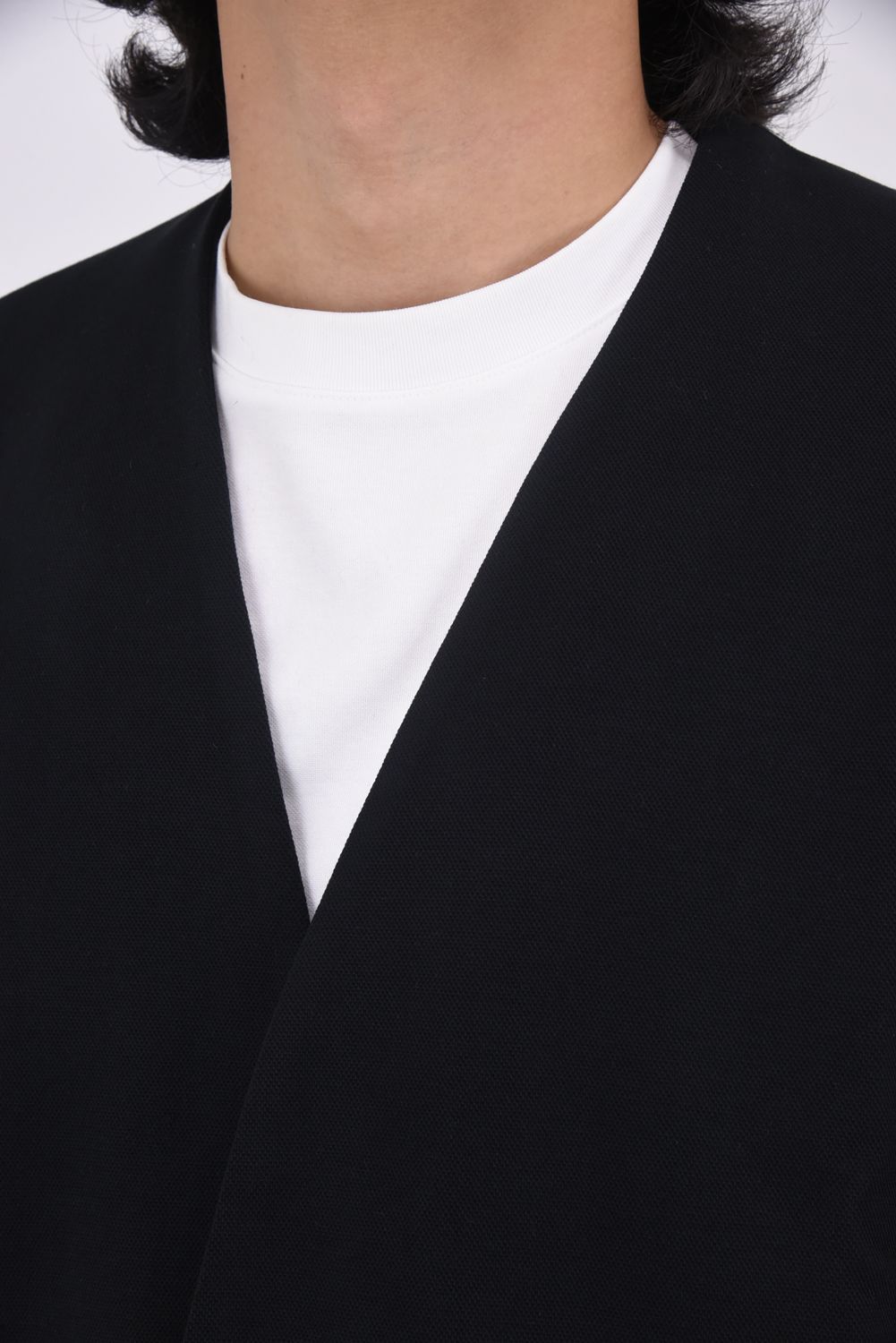 COLLARLESS CUT AND SEW JACKET / ノーカラー 鹿の子 ニットジャケット (ブラック)