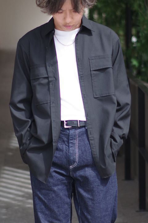 W POCKET SHIRT WOOL TROPICAL / ウォッシャブルウール ダブルポケットシャツ ブラック