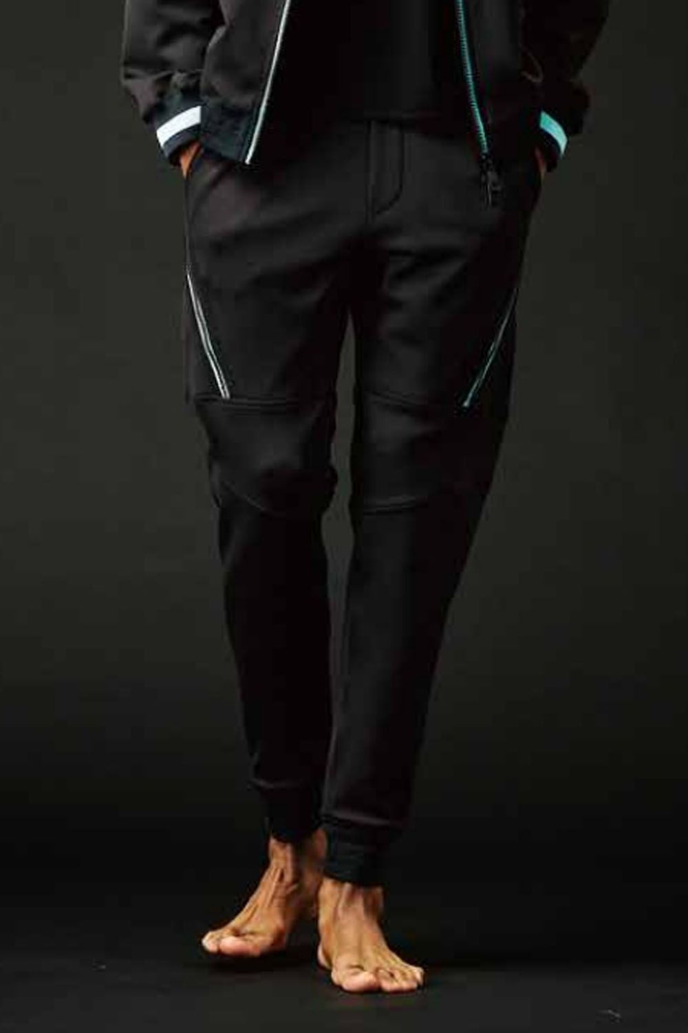 【113SPORT VOL.12 / 24AW】 113SPORT × THESAINT DAIAGONAL ZIP RIB PT / 113ロゴ ダイアゴナル ジップ リブ パンツ ブラック / ターコイズ