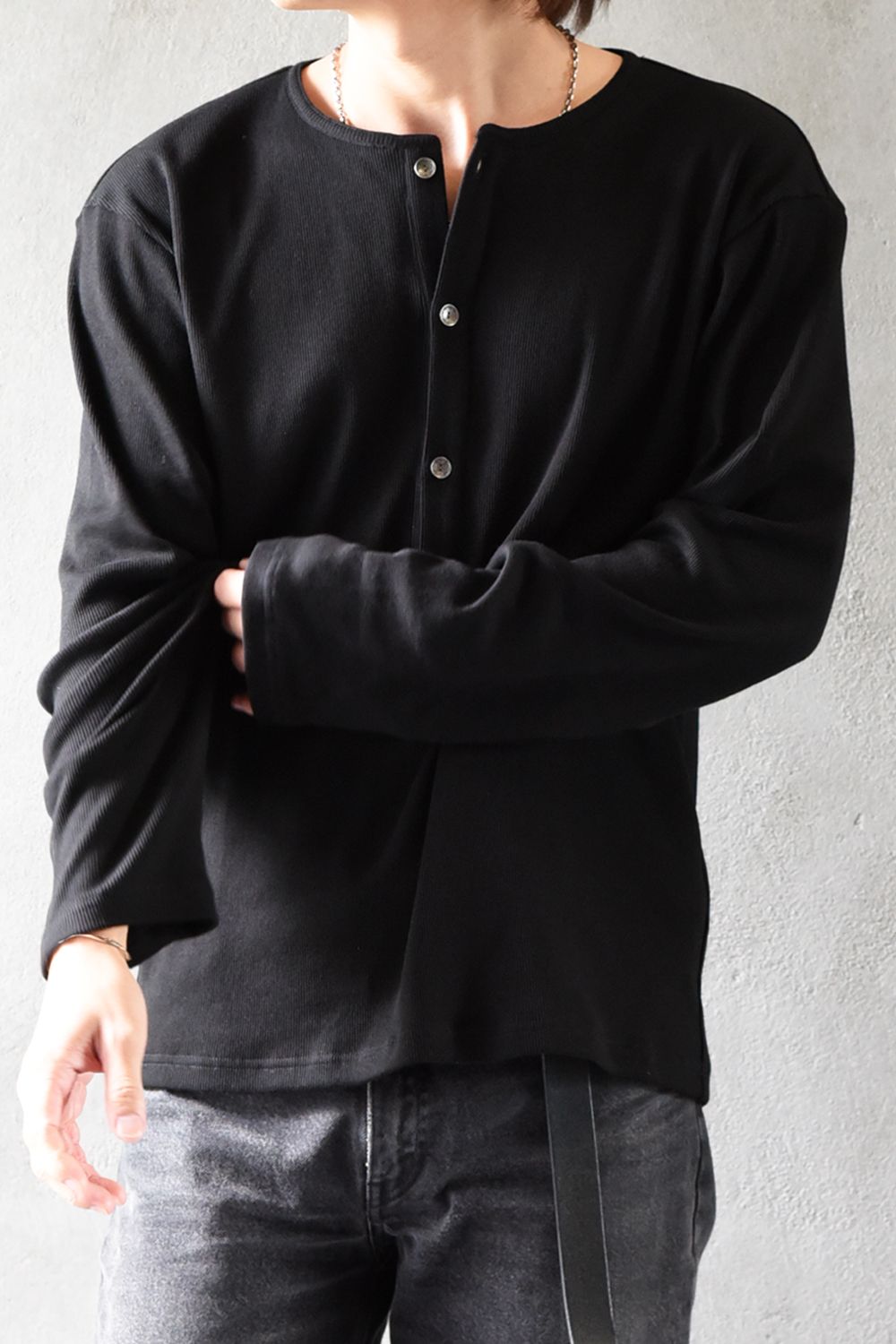 RIB HENRY LONGSLEAVE / ヘンリーネック リブニットロングスリーブTシャツ (ブラック)
