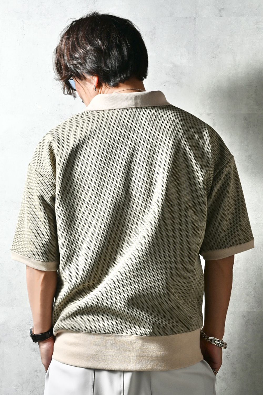 BLISTER POLO / ブリスタージャカード オーバーサイズ スキッパーポロシャツ (ベージュ) (4月上旬入荷予定) ※オーダー締切12/13(土)17:00