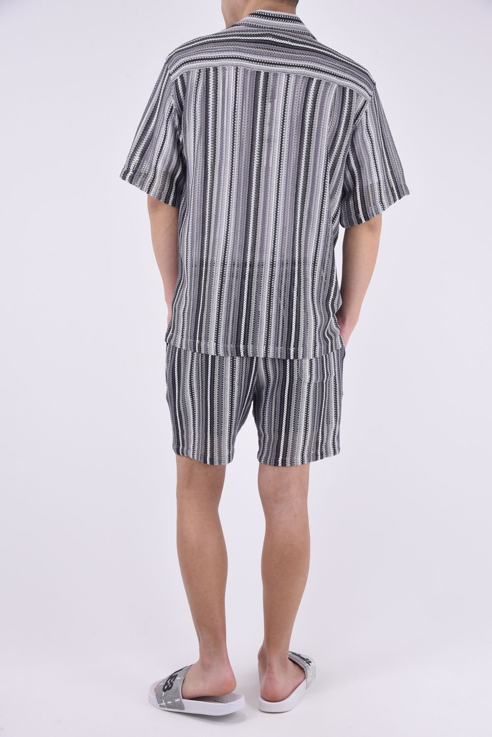 GAP KNIT STRIPED SHIRT / 透かし編み ストライプニット シャツ グレー