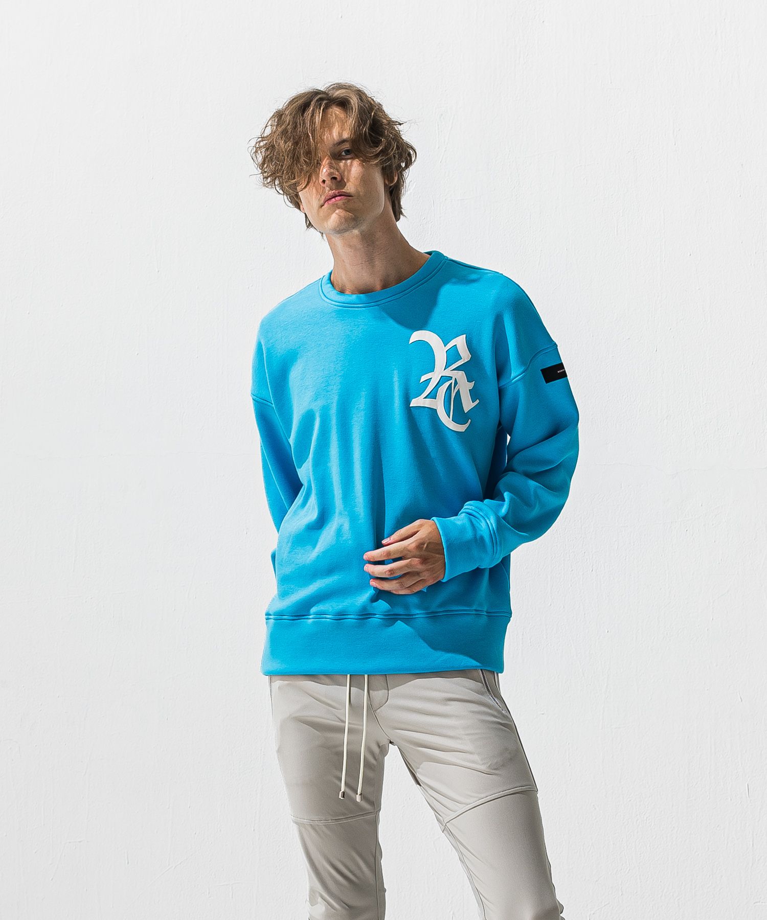 RC CHENILLE VELOURS FLEECE DROP TRAINER / サガラ刺繍ワッペン 裏起毛 ルーズトレーナー (ブルー) (11月上旬入荷予定) ※オーダー締切:9月7日(月)17時