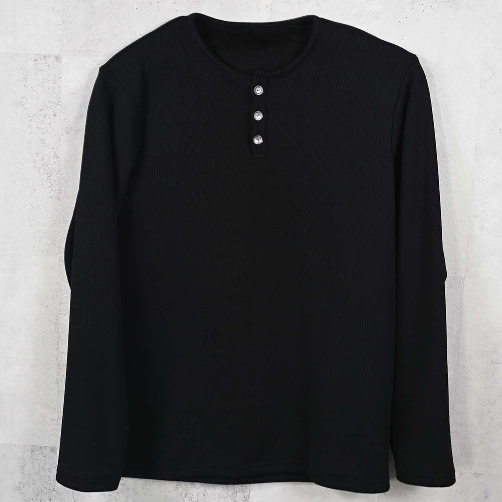 VELOURS FLEECE THERMAL HENRY / 裏起毛 サーマル生地 ロングスリーブ ヘンリーネック (ブラック) (10月下旬入荷予定) ※オーダー締切:9月7日(月)17時