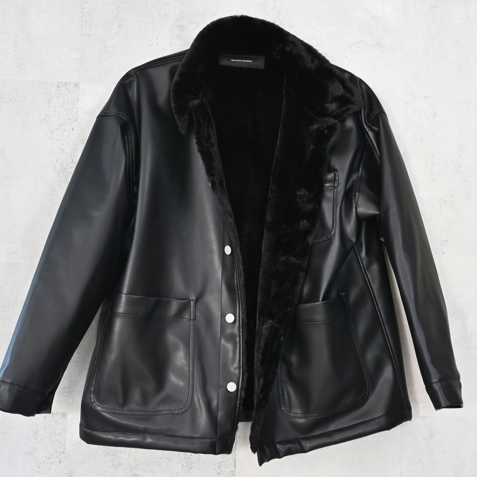 LEATHER FUR CAVER ALL / エコレザー オーバーサイズ カーバーオールジャケット (ブラック) (11月中旬入荷予定) ※オーダー締切:9月7日(月)17時