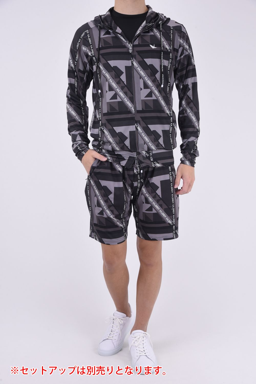 GEOMETRIC HOODIE / ジオメトリック柄 ラッシュガードパーカー チャコール×ブラック