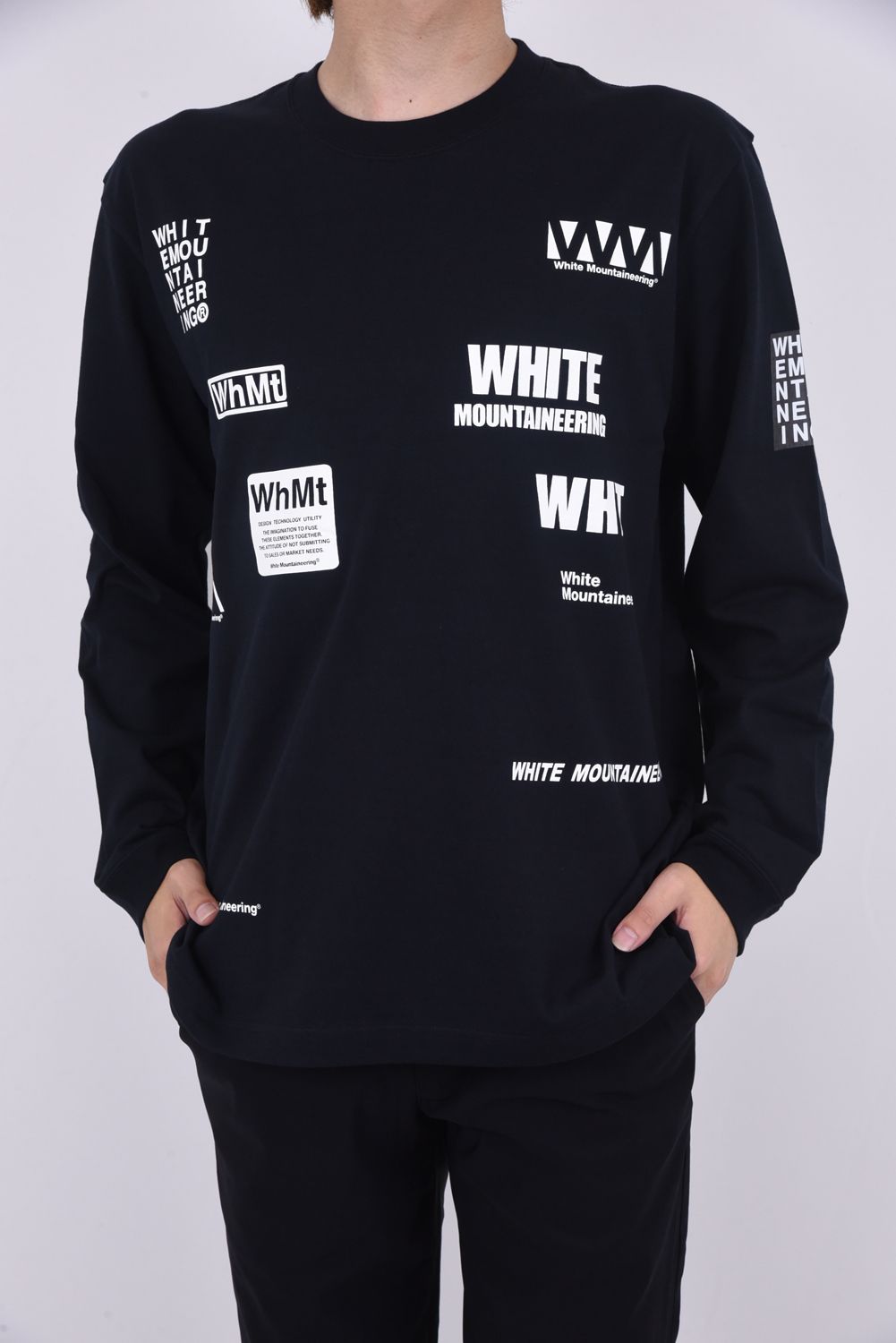 White Mountaineering - WM LOGO RANDAM PRINTED LONG SLEEVE T-SHIRT / ランダムロゴ  プリント クルーネック 長袖 Tシャツ ブラック | gossip