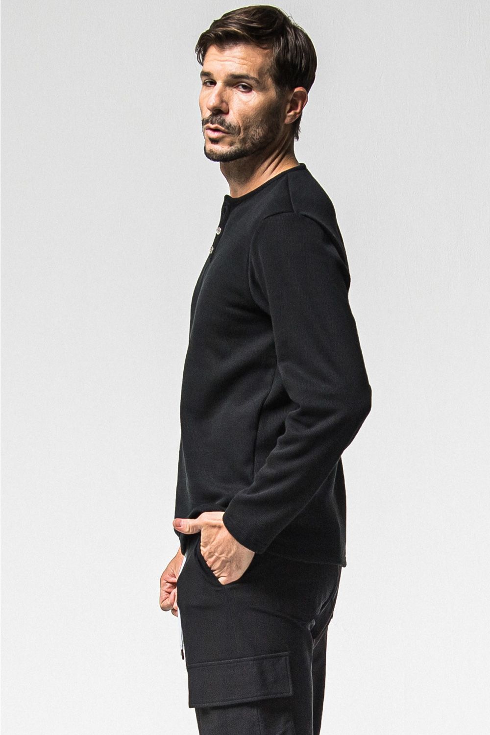 VELOURS FLEECE THERMAL HENRY / 裏起毛 サーマル生地 ロングスリーブ ヘンリーネック (ブラック) (10月中旬入荷予定) ※オーダー締切：9月1日(月)18:00