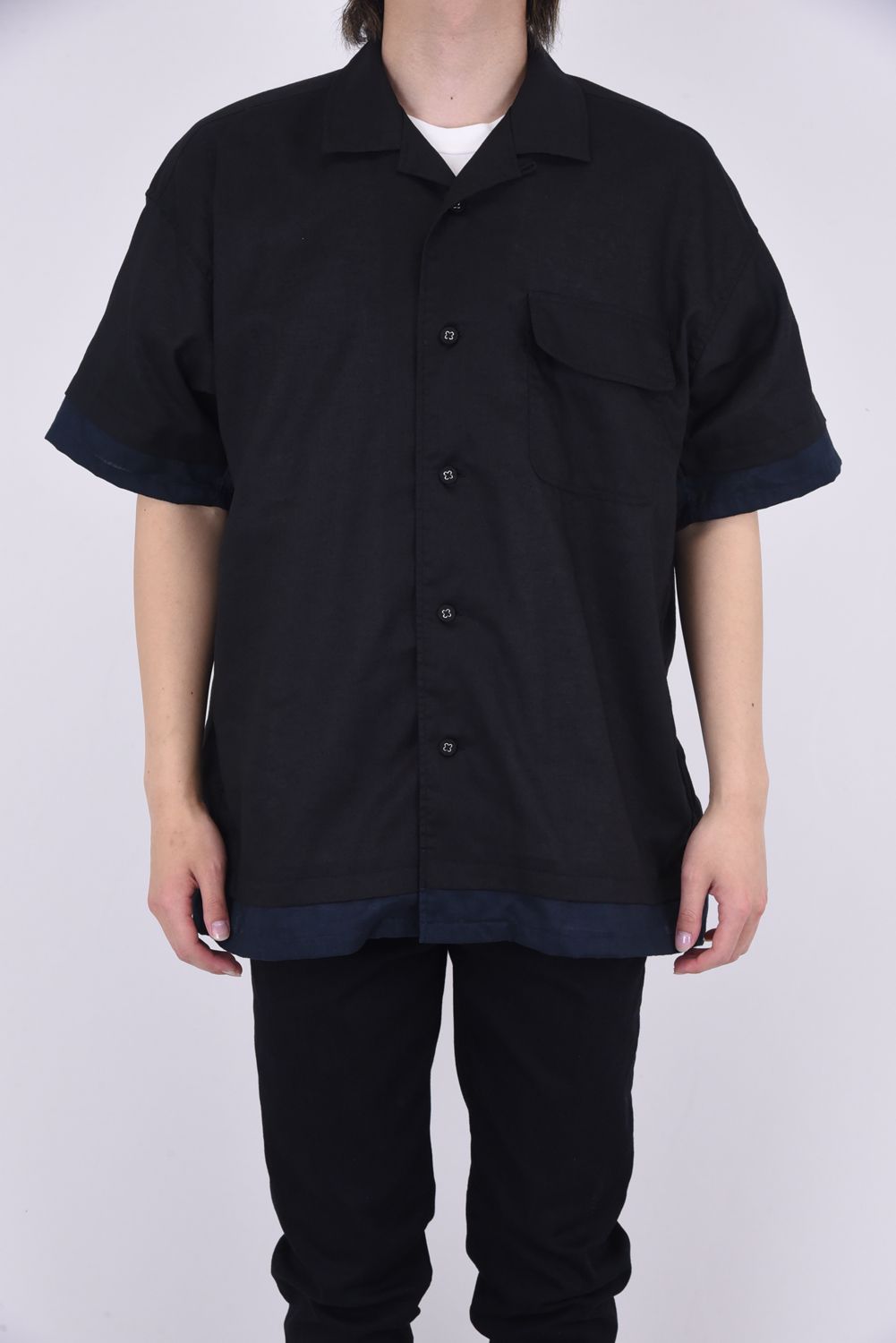 LAYERED HALF SLEEVES OPEN COLLAR SHIRT / レイヤード オープンカラー 半袖 シャツ ブラック