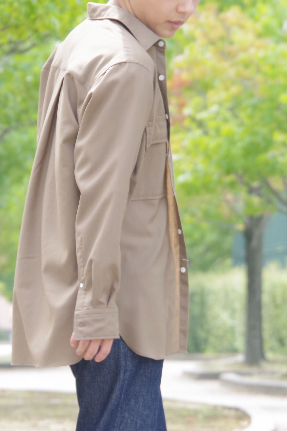 W POCKET SHIRT WOOL TROPICAL / ウォッシャブルウール ダブルポケットシャツ ベージュ