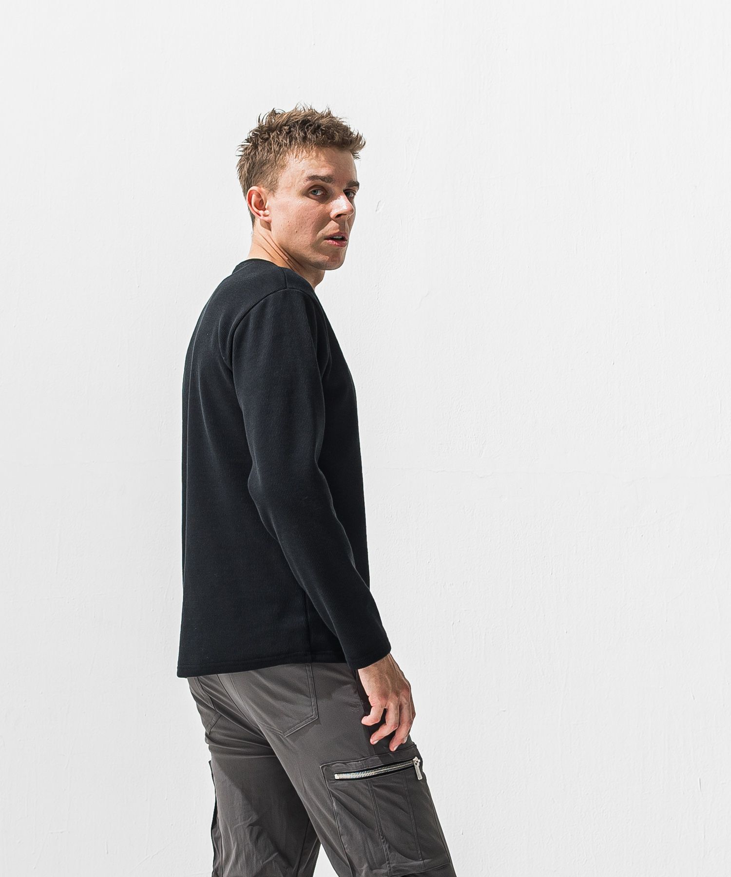 VELOURS FLEECE THERMAL HENRY / 裏起毛 サーマル生地 ロングスリーブ ヘンリーネック (ブラック) (10月下旬入荷予定) ※オーダー締切:9月7日(月)17時