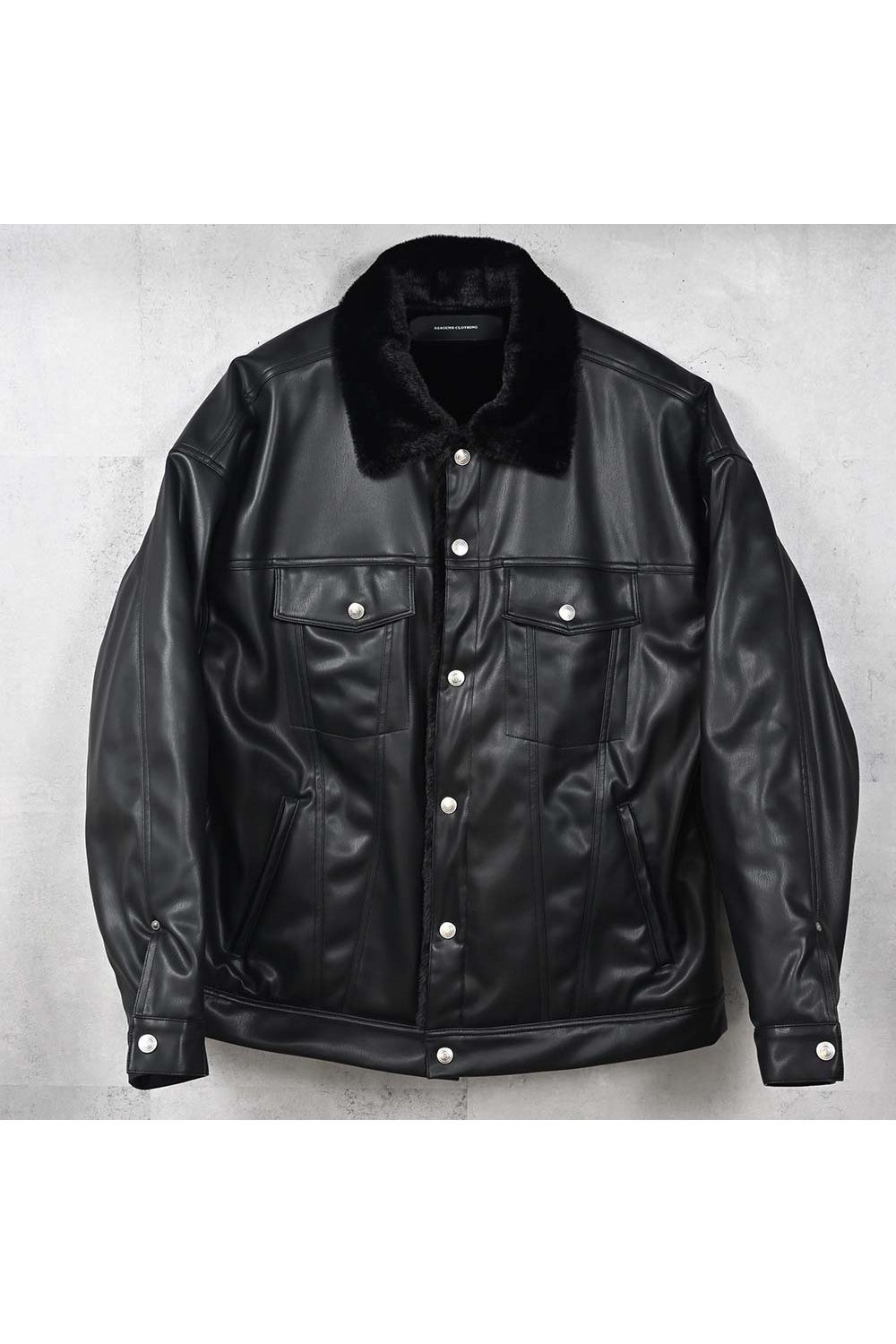 LEATHER FUR OVER  G /  エコレザー オーバーサイズ デニムジャケット (ブラック) (11月中旬入荷予定) ※オーダー締切：9月1日(月)18:00