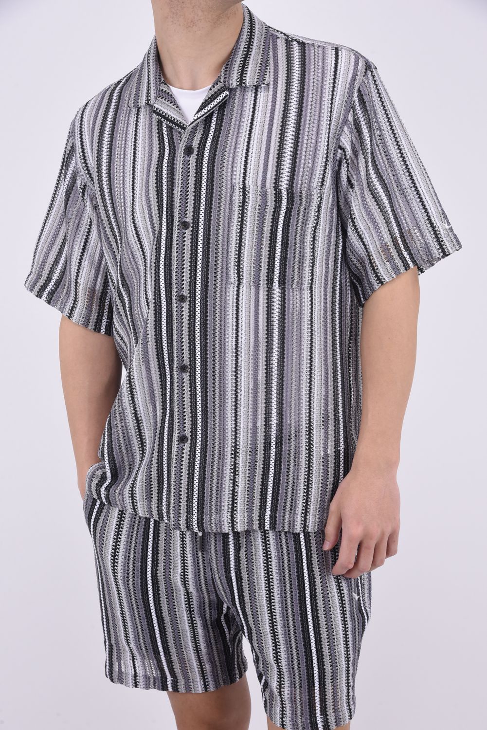 GAP KNIT STRIPED SHIRT / 透かし編み ストライプニット シャツ グレー