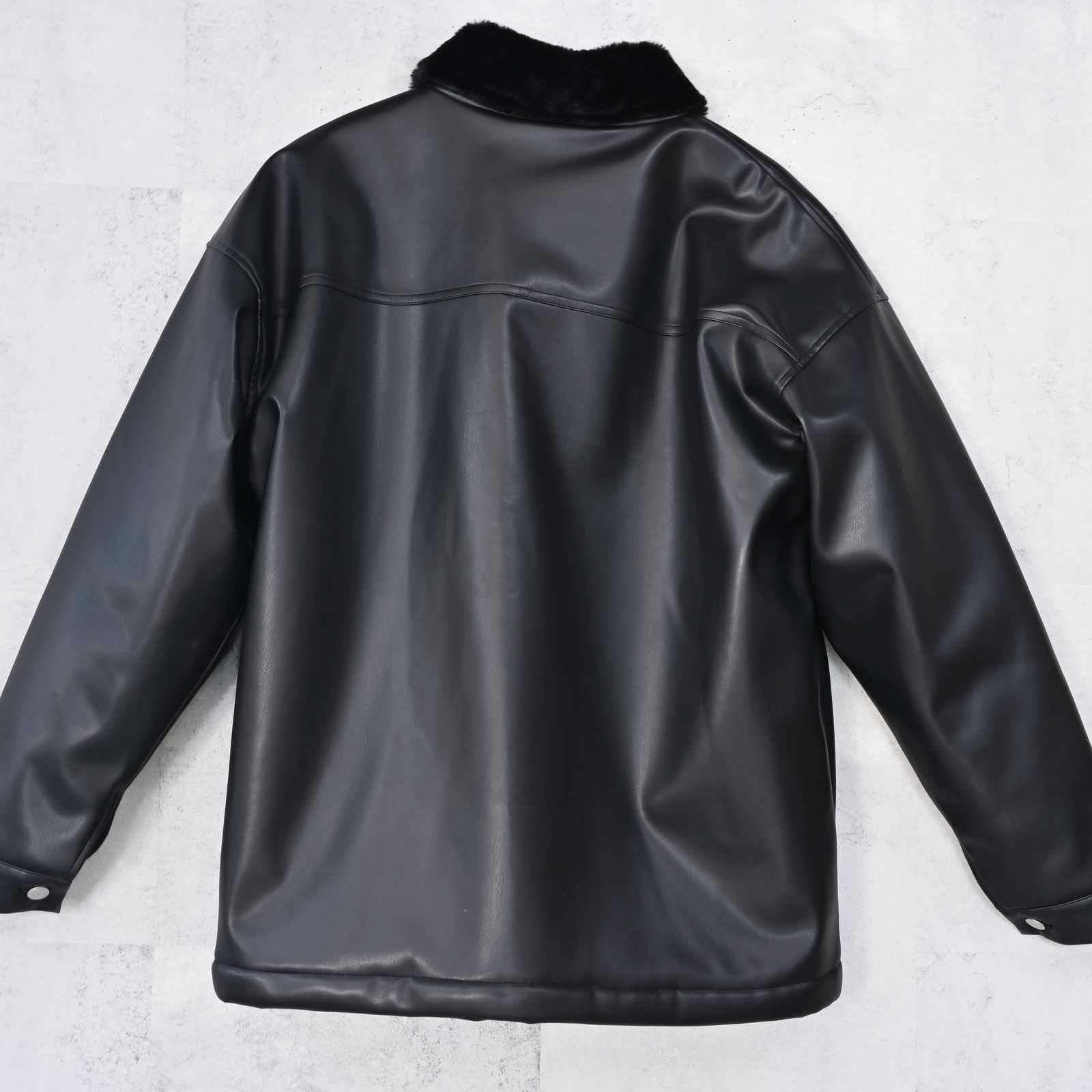 LEATHER FUR CAVER ALL / エコレザー オーバーサイズ カーバーオールジャケット (ブラック) (11月中旬入荷予定) ※オーダー締切:9月7日(月)17時