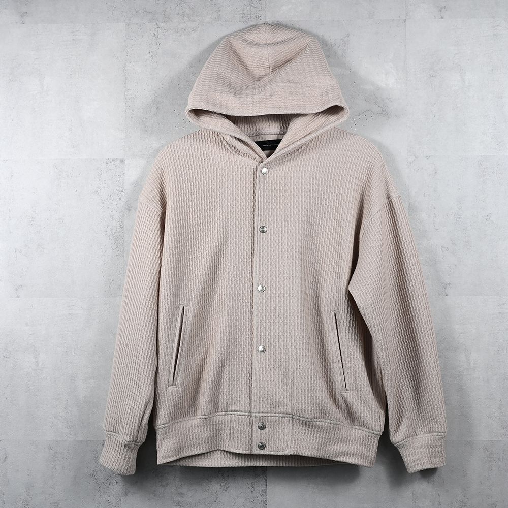 KNT Varsity hoodie / ニット素材 フード付きスタジャン (ベージュ) (8月末入荷予定) ※オーダー締切:5月23日(土)17時