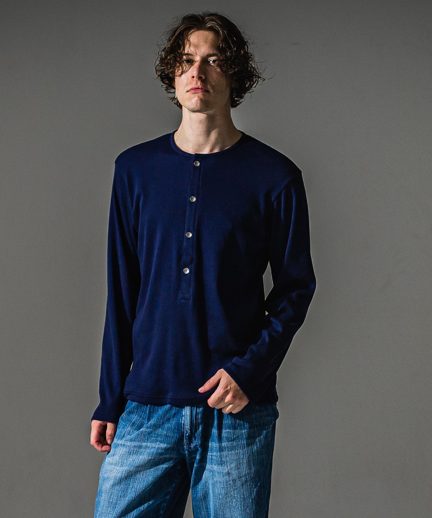 RIB HENRY LONGSLEAVE / ヘンリーネック リブニットロングスリーブTシャツ (ネイビー) (7月中旬入荷予定) ※オーダー締切:5月23日(土)17時