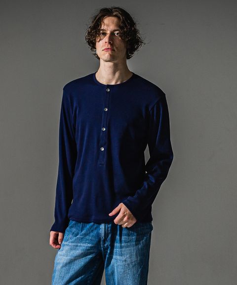RIB HENRY LONGSLEAVE / ヘンリーネック リブニットロングスリーブTシャツ (ネイビー) (7月中旬入荷予定)