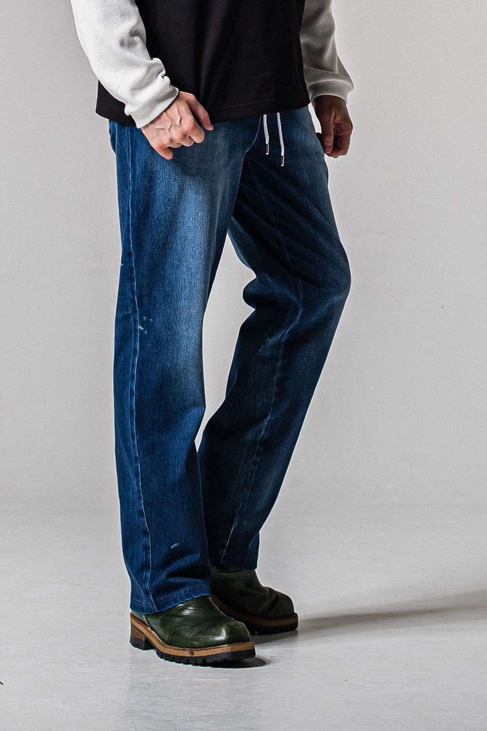 DENIM JERSEY WIDE PT / ジャージデニム セミワイド ワンタック スラックス型イージーパンツ (ダークインディゴ) (2月中旬入荷予定)