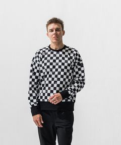 CHECKER BACK FLEECE TRAINER / チェッカーフラッグ 裏起毛トレーナー (ホワイト/ブラック) (11月上旬入荷予定) ※オーダー締切:9月7日(月)17時