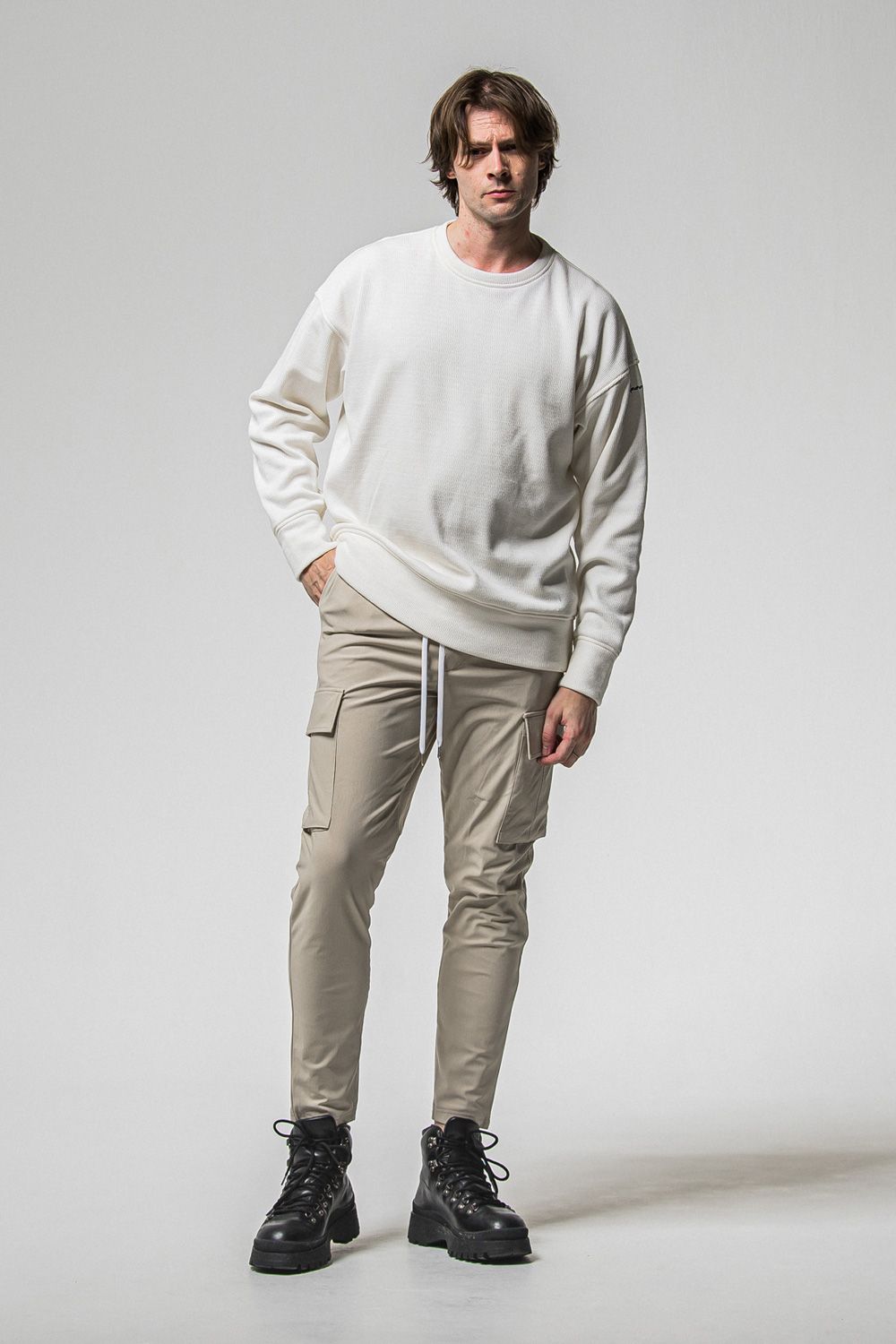 VELOURS FLEECE THERMAL  LOOSE TRAINER / 裏起毛 サーマル生地 ロングスリーブ トレーナー (ホワイト) (10月中旬入荷予定) ※オーダー締切：9月1日(月)18:00