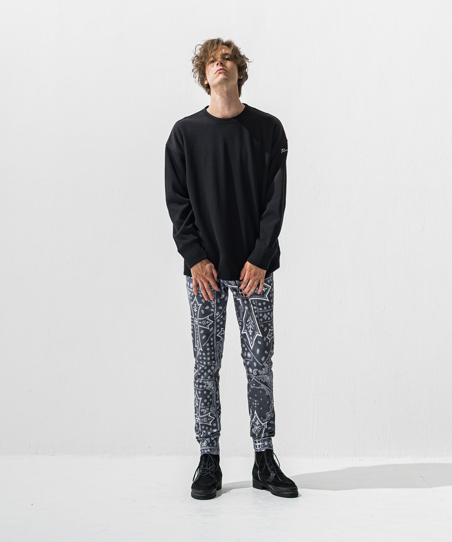 VELOURS FLEECE THERMAL  LOOSE TRAINER / 裏起毛 サーマル生地 ロングスリーブ トレーナー (ブラック) (10月下旬入荷予定) ※オーダー締切:9月7日(月)17時