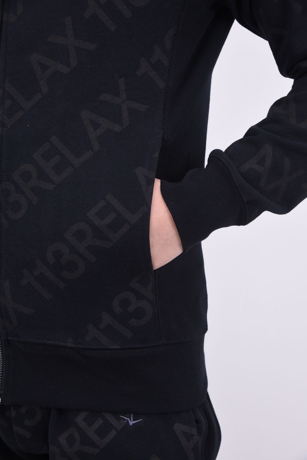DIAGONAL LOGO HOODIE / サイドリブ ダイアゴナルロゴ ジップアップパーカー ブラック