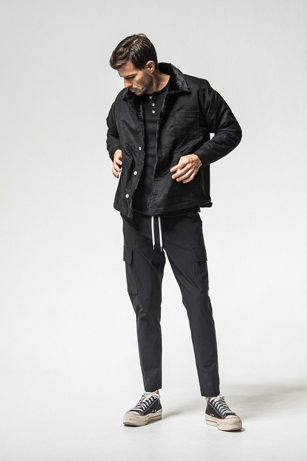 SUEDE FUR CAVER ALL /  エコ スウェード ファーカバーオールジャケット (ブラック) (11月中旬入荷予定) ※オーダー締切：9月1日(月)18:00