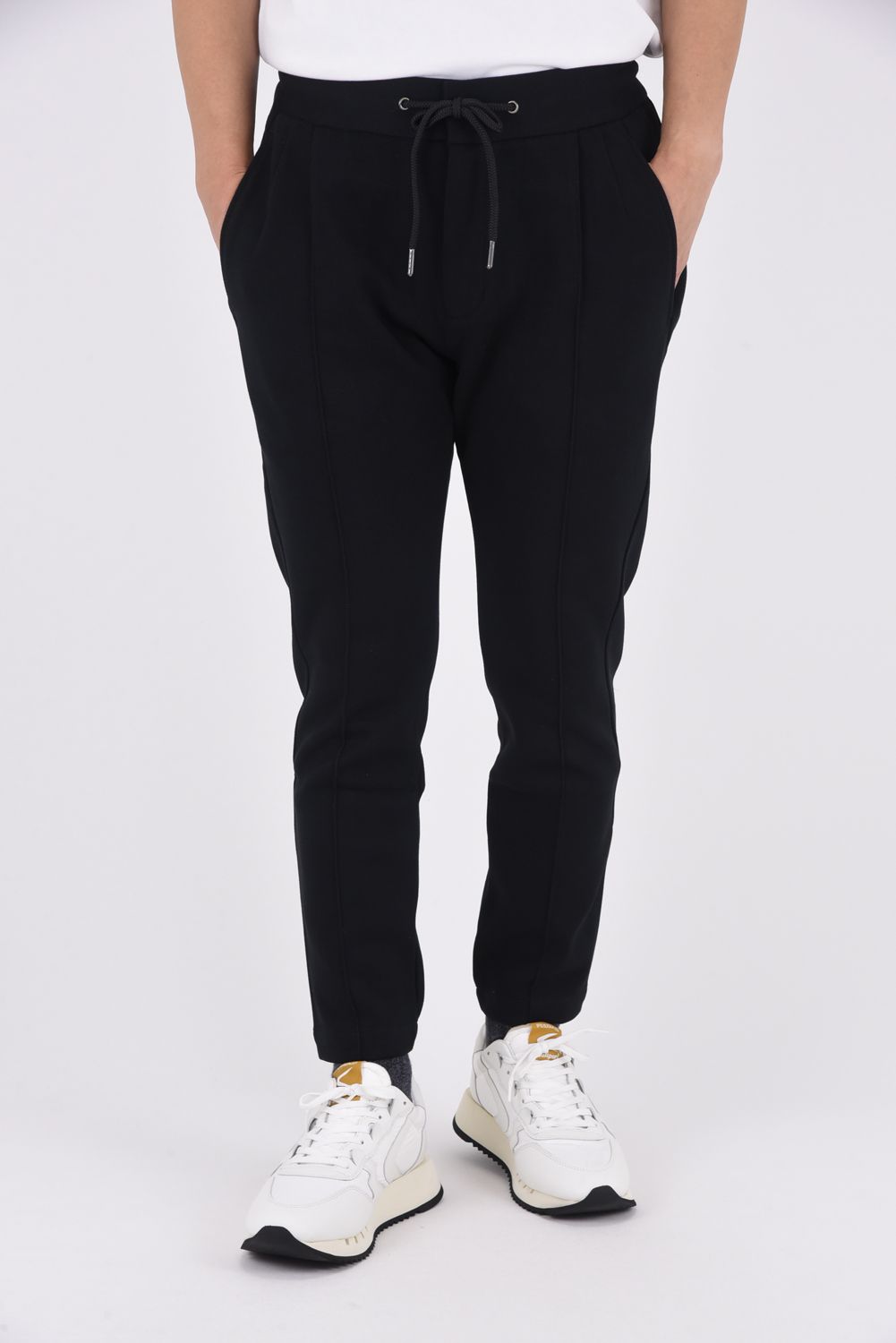COLLARLESS CUT AND SEW PANTS / 鹿の子 ニット スラックス (ブラック)